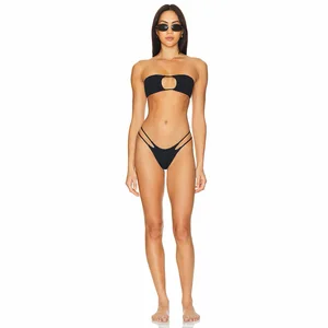 Custom Bandeau Bikini Swimsuit Pure Black Double String 2 Piece Set Spandex/Nylon OEM Service for Women