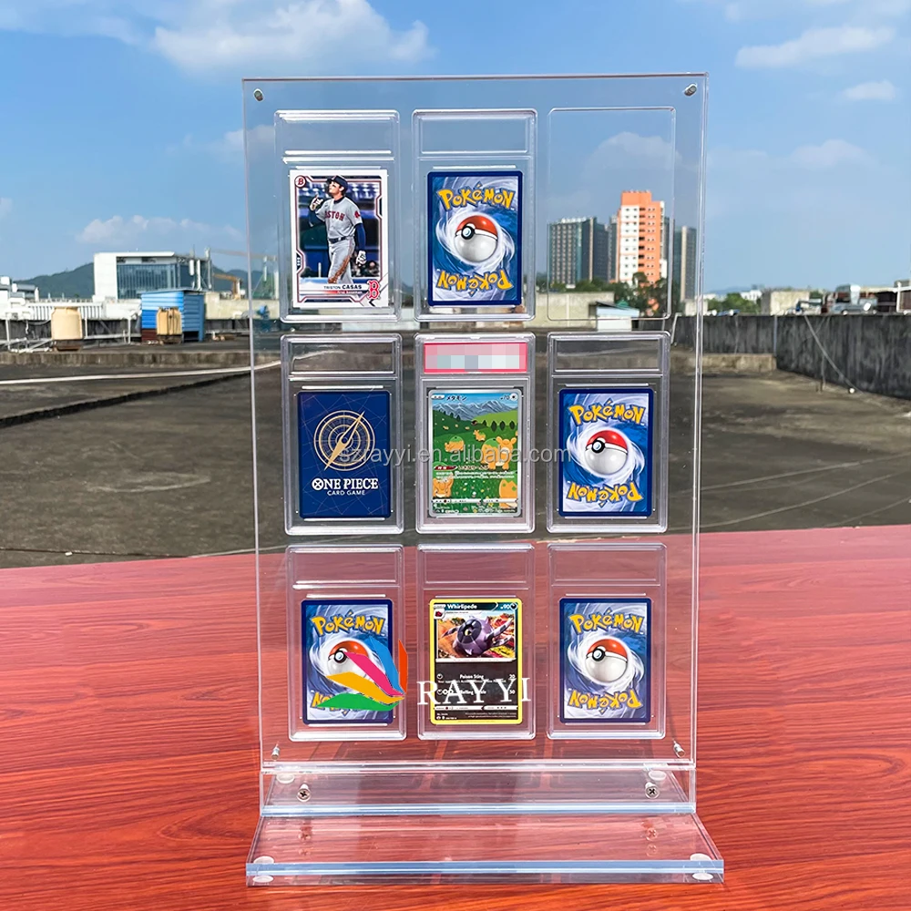 RAYYI Custom Desktop 9 Slot Acrylic Pokemon Graded Sports Card Slab Frame Holder Trading Cards Display Frame RAYYI Custom Desktop 9 Slot Acrylic Pokemon Graded Sports Card Slab Frame Holder Trading Cards Display Frame