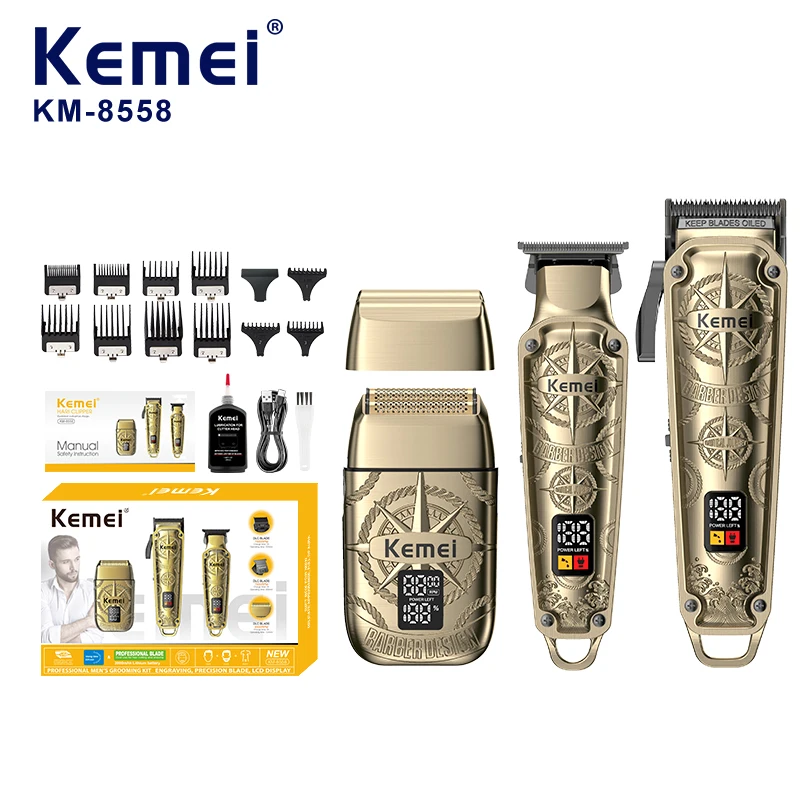 Kit de tondeuse à cheveux sans fil KEMEI KM-8558 pour barbier, ensemble de 3 pièces comprenant un rasoir électrique, un rasoir pour barbe sans fil et une tondeuse à cheveux