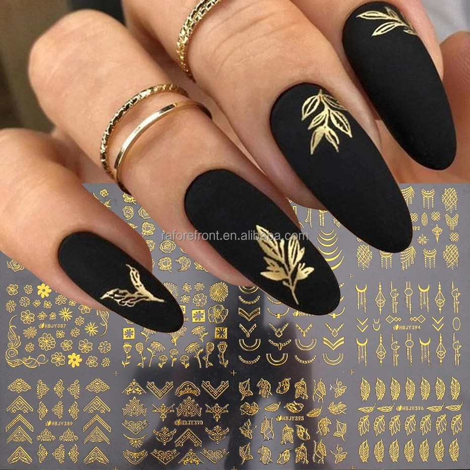9 Sheets Gold Abstract Nail Art Stickers Decals Self Adhesive Black Line  Lady Face, Flowers, Palm Leaf, Leaves Design Manicure Tips Nail Decoration  Fo