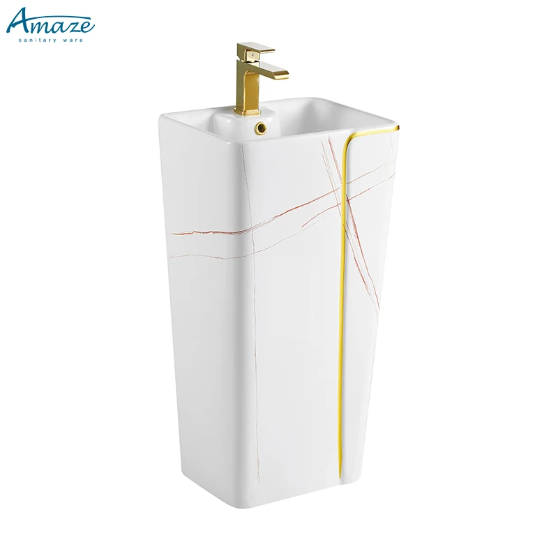 Modern lavatory square pillar gold line white one-piece ceramic bathroom sink wash hand pedestal basin