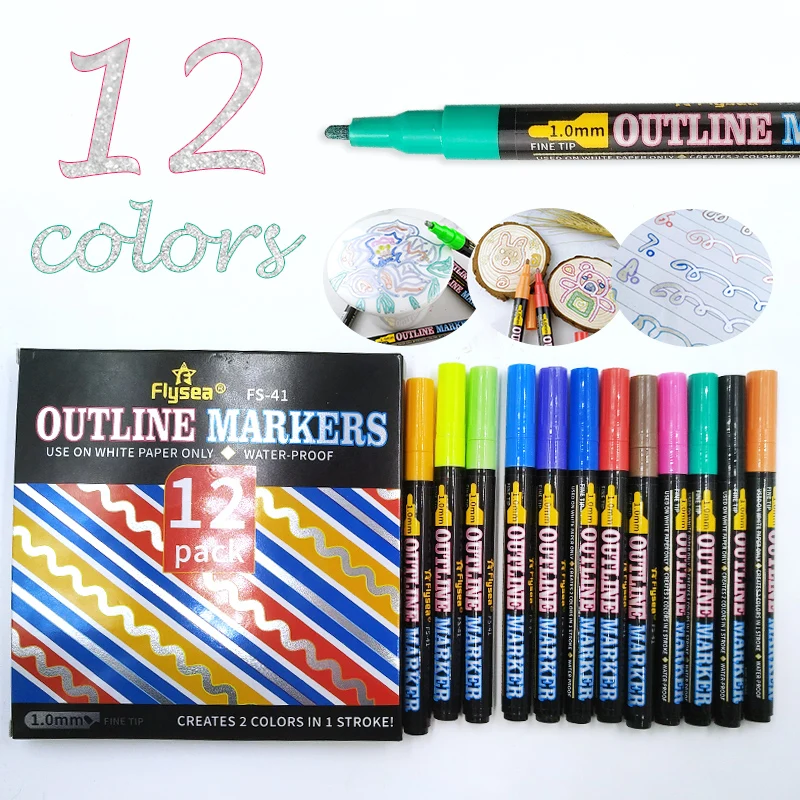 Outline Metallic Marker Pens 12 Colors Double Line Writing Drawing Highlighter Outline Metallic Marker Pens 12 Colors Double Line Writing Drawing Highlighter
