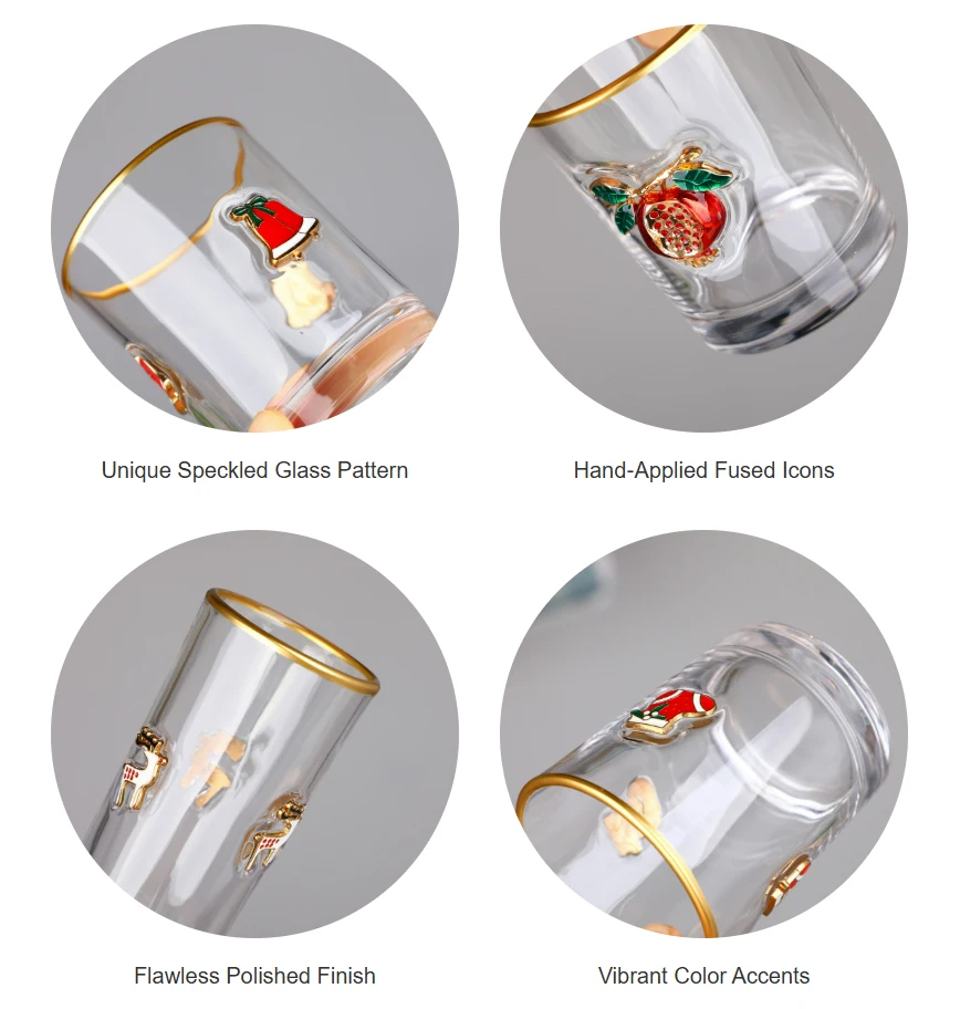 Ready to Ship Christmas Fruit Raised 3D Enamel Applique Motif Gold Rim Highball Cooler Double Old Fashioned Rocks Tumbler Glass