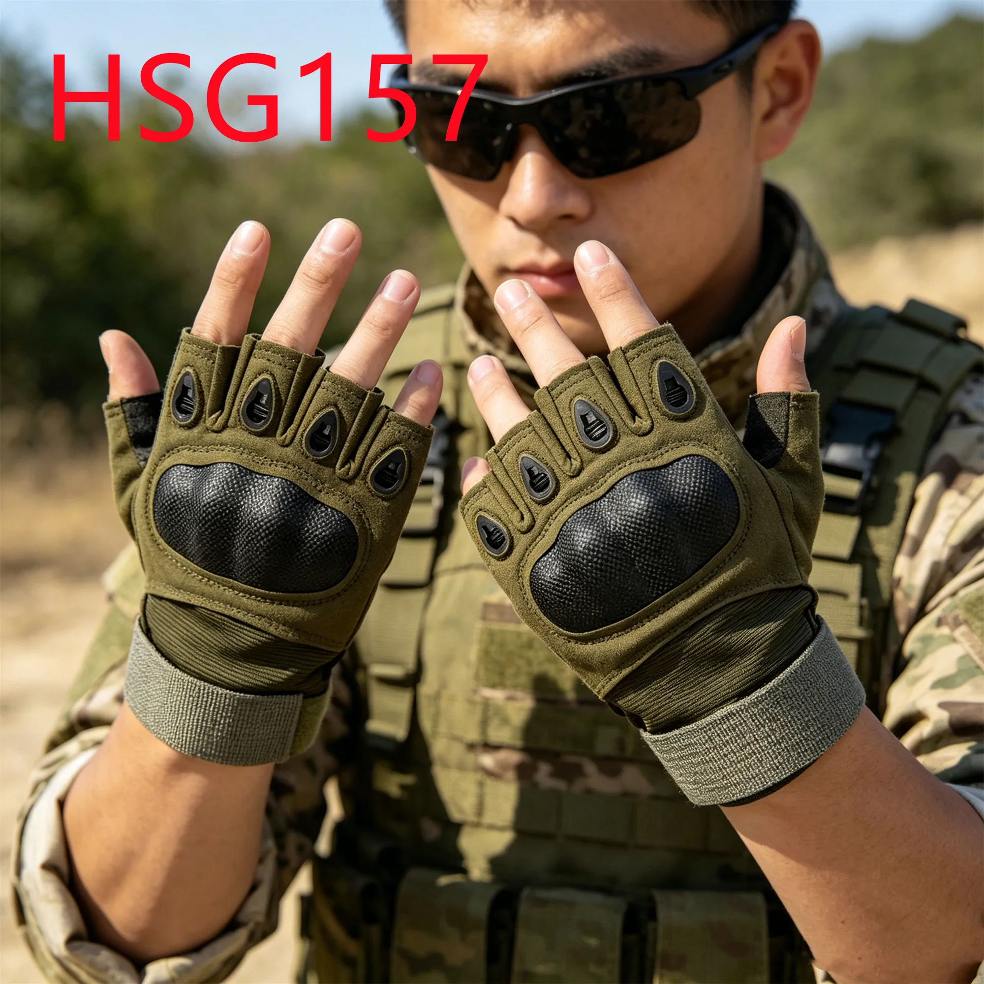 HY,Jungle Exploration Non-Slip Palm Design Green Tactical Gear Gloves Adjustable Tightness Knuckle Guard Combat Gloves HSG157