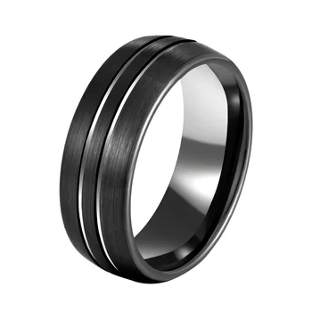 Wholesale 8mm brushed black tungsten steel ring for man black ring with two tone silver gold blue groove thin line