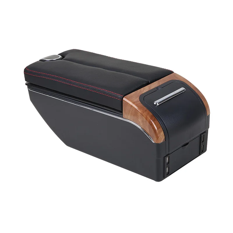 product adjustable usb car storage box with cup holder luxury universal car genuine leather central armrest box-5
