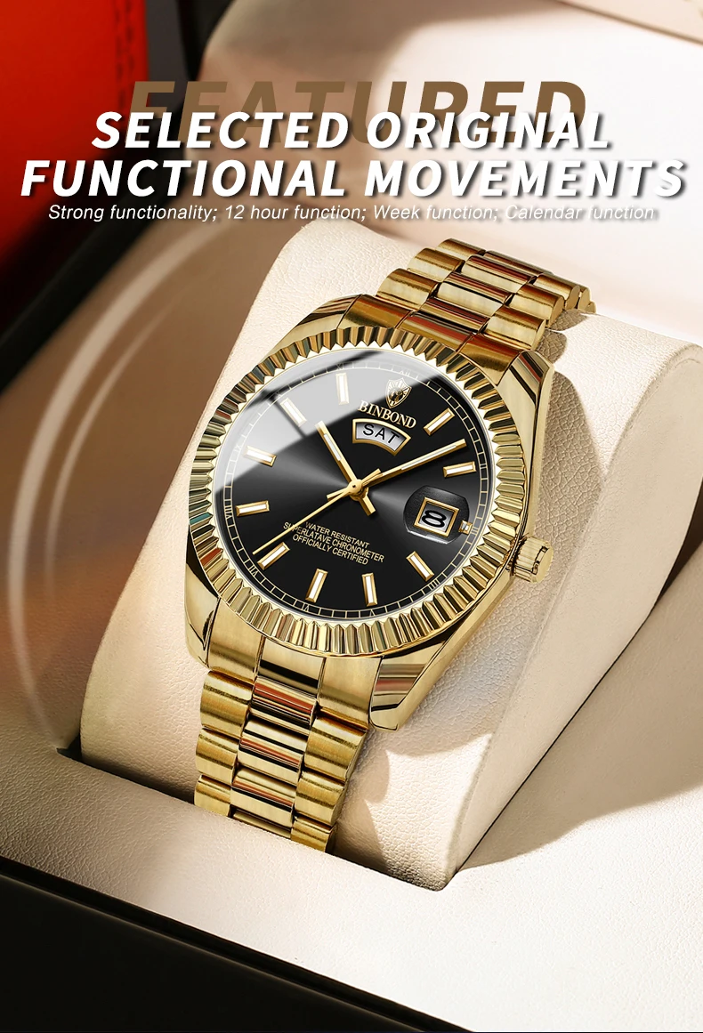 BINBOND 7012 B0733 0733 Men's Quartz Watch Waterproof Luxury Date Waterproof Luminous Fashion Stainless Steel Wristwatch for Man