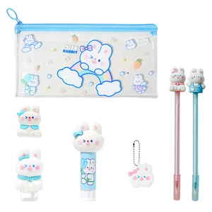 7 sets of cute pencil case stationery+solid glue+pencil sharpener+2 ballpoint pens with correction straps