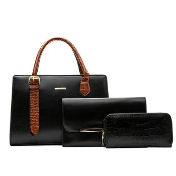 Fashion Custom Logo Ladies Tote Hand 3pcs Purses And Handbags Set Pu Leather Black Shoulder Bag