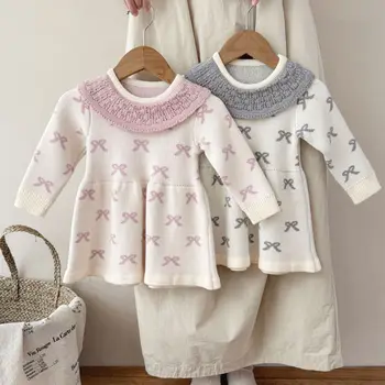 Ins 2025 Girls' Slim Fit Jacquard Bow Knitted Dress Spring and Autumn O-Neck Casual Baby First Birthday Princess Dress