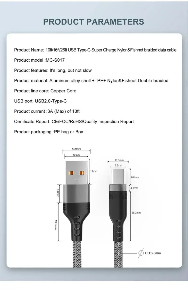 USB Type C Fast Charging Cable 8m Extended Length Nylon Braided Data Cord Durable Shielding Compatible Android Devices
