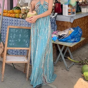 Women's Retro Bohemian Midi Dress Thai Style Neck-Hanging Strap Backless Beach Vacation