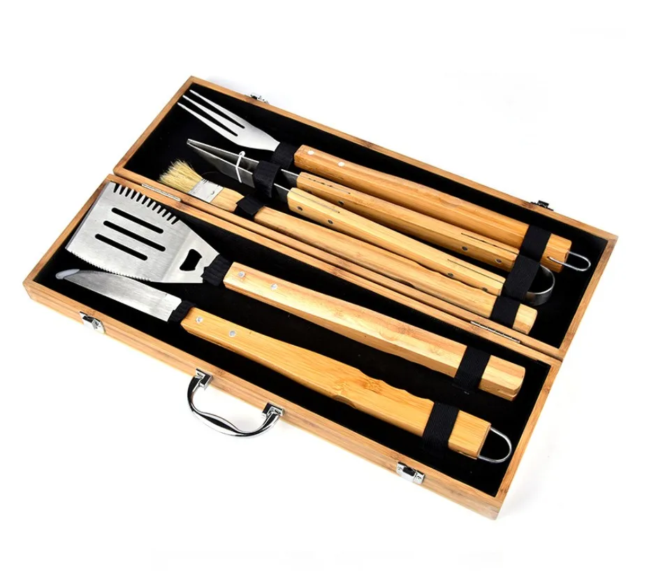 Grill Set Barbecue Accessory Bbq Wooden Tool Box Bamboo Wood Handle 5