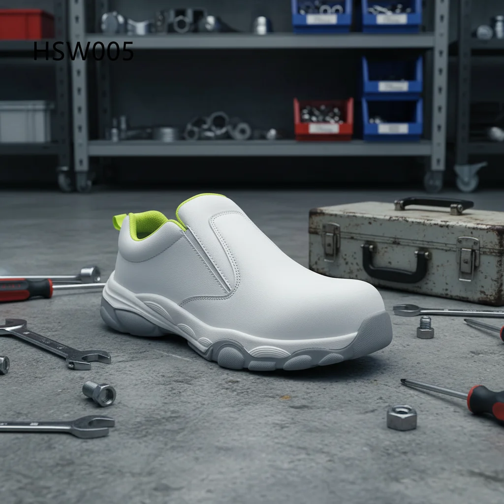HY,New Design Composite Toe Insert ESD White Safety Shoes Restaurant Chef Anti-acid PU/PU Injection Sole Work Shoes HSW005