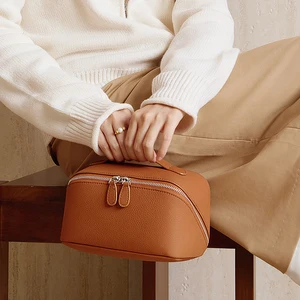 Wholesale Customized Retro Women's High-quality Genuine Leather Handbag Ladies Solid Color Top-grade Cowhide Makeup Bag