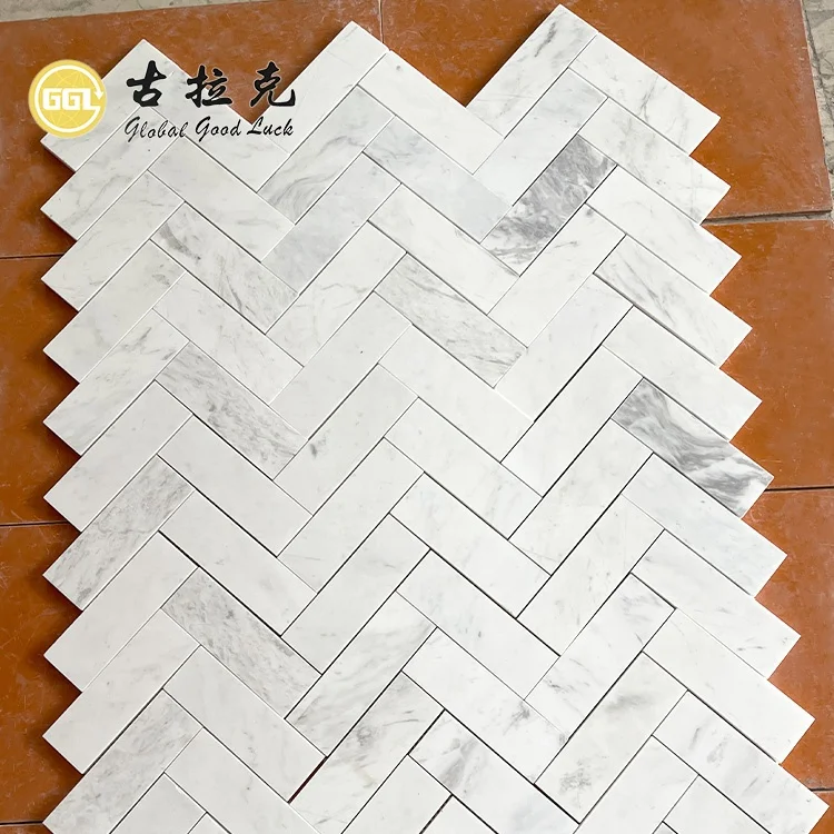 Volakas White Marble Herringbone Marble Mosaic For Bathroom Floor Tiles