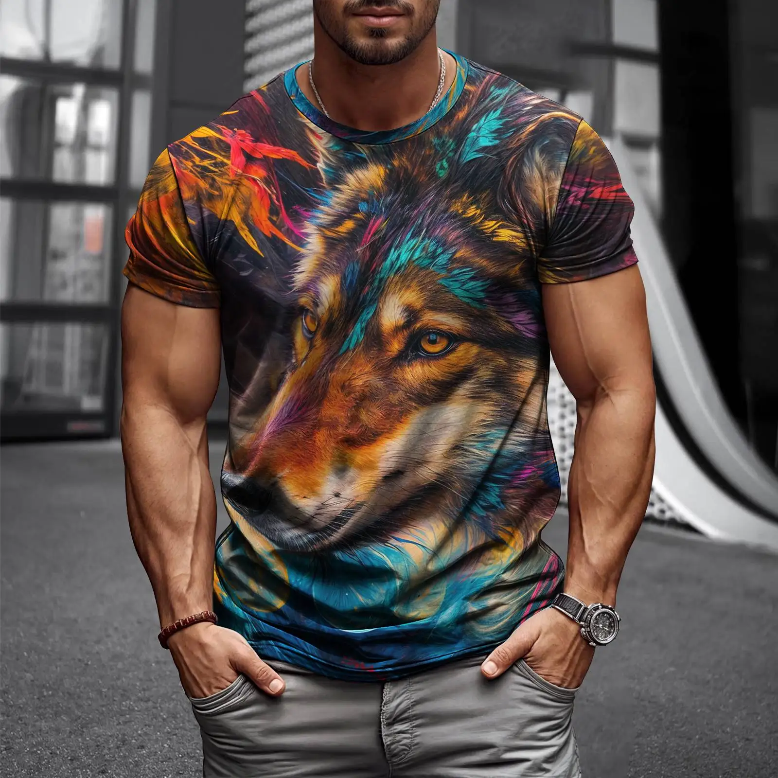 Wolf New Digital Print Super Elastic Casual Short Sleeved