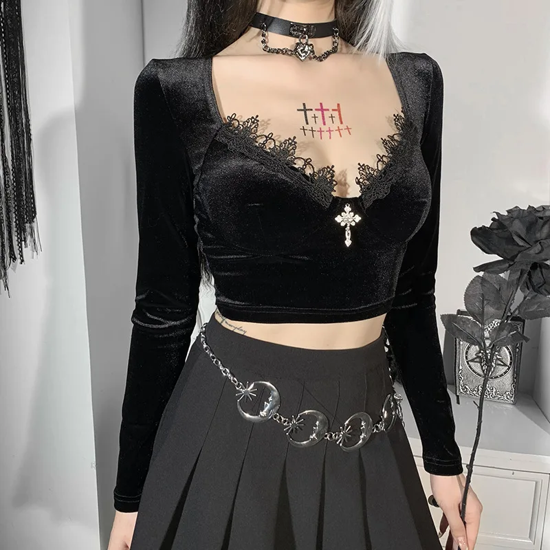 Velvet Y2k Mall Goth Crop Tops Black Lace Trim Emo Alternative Aesthetic Crop Tops Women Backless Sexy Full Sleeve Tops Coldker Buy Goth Crop Tops Sexy Crop Tops Y2k Tops Product On Alibaba Com