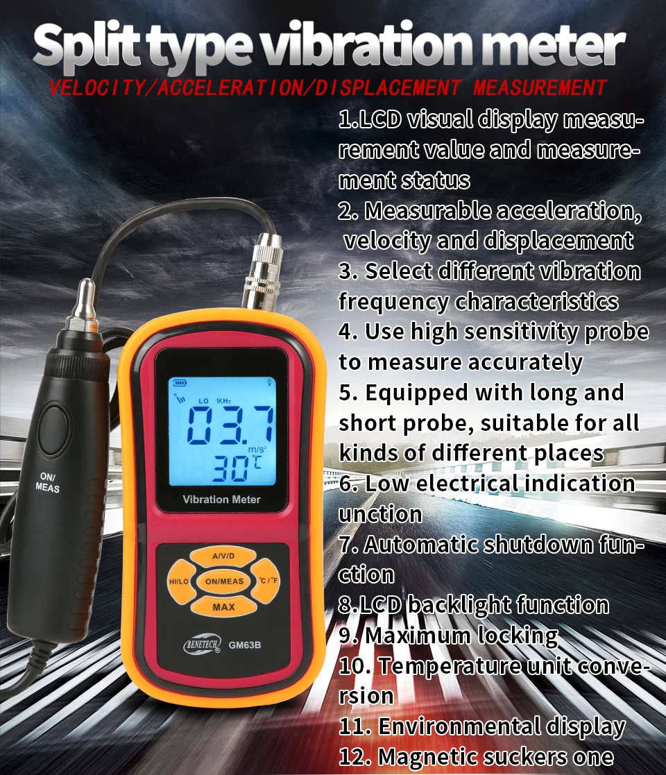 GM63B Portable LCD Digital Vibration Meter Probe Vibration Analyzer Industry