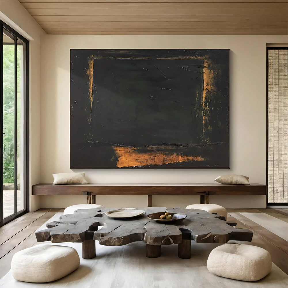 Large Black Canvas Abstract Painting Brown Texture Wabi Sabi Style Wall ...