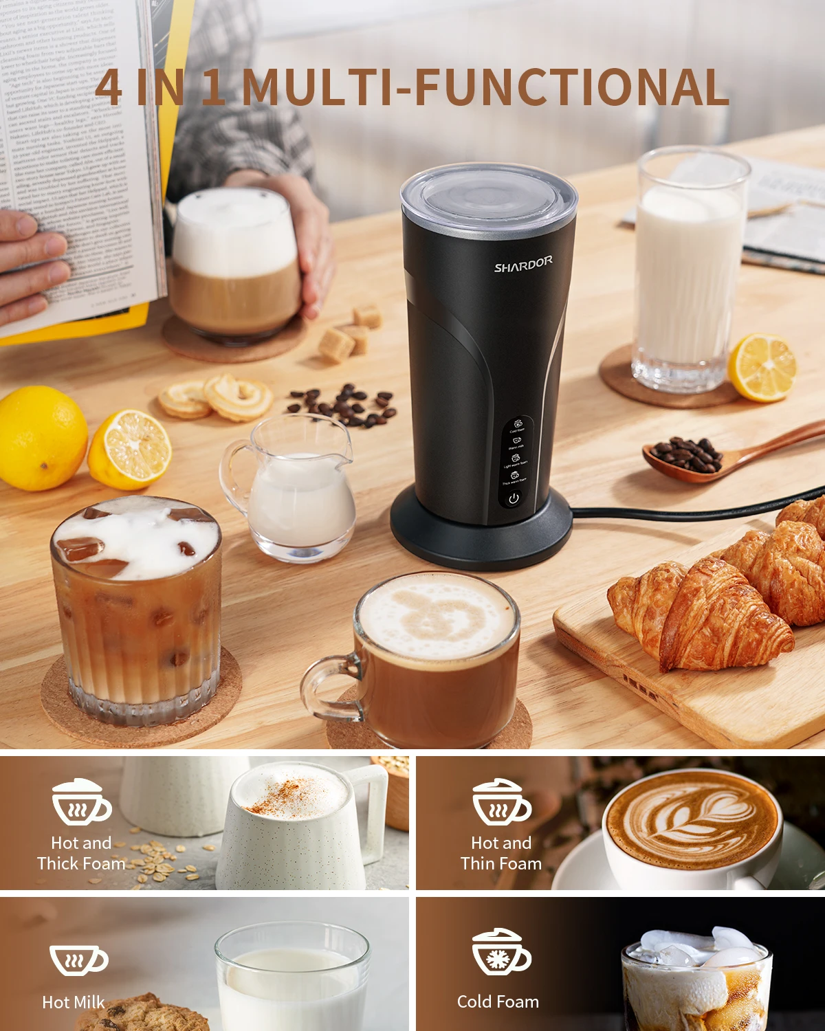 Automatic Electric 4 in 1 Milk Foam Machine With Stand Cappuccino Foamer Espresso Steamer Milk Frother