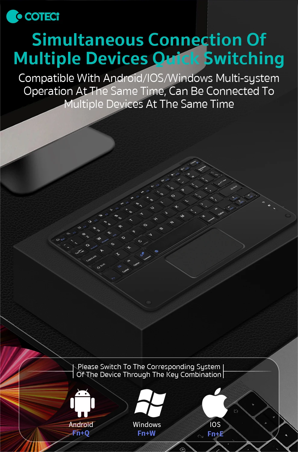 COTECi Office Use Ultra-Slim BT Business Keyboard Rechargeable Mini Wireless Tablet Keyboard With Trackpad for iPad IOS Windows