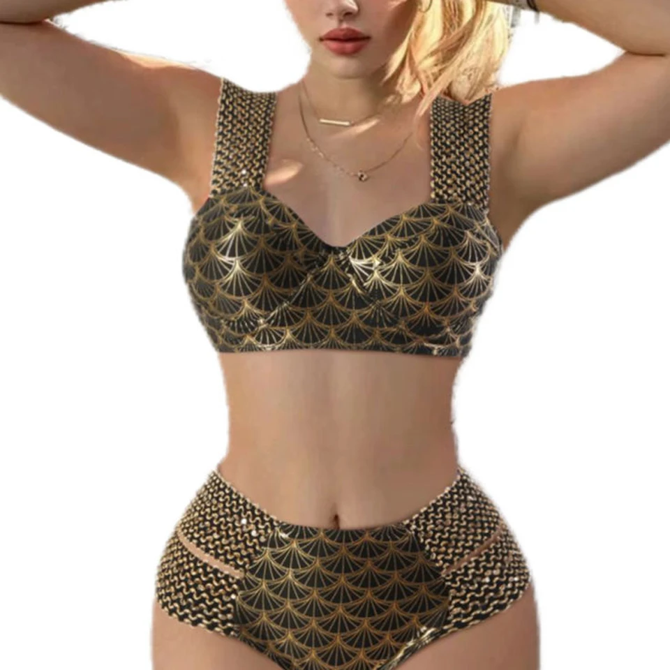 2024 Custom Sexy Gold Bandage Bikini High Waist Spandex Bathing Suit