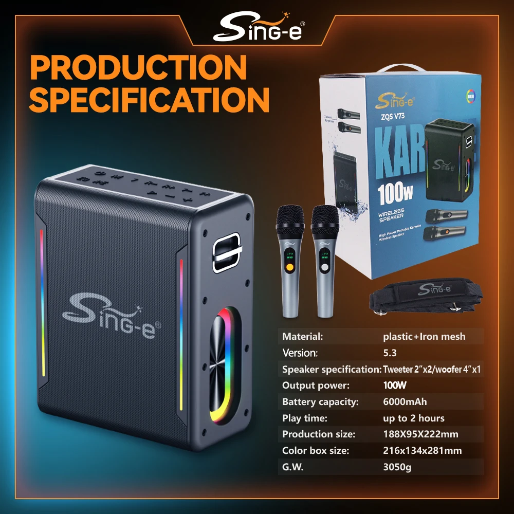 Caixa de Som Bluetooth SING-E ZQS-V73 50W com Microfone Móvel RGB