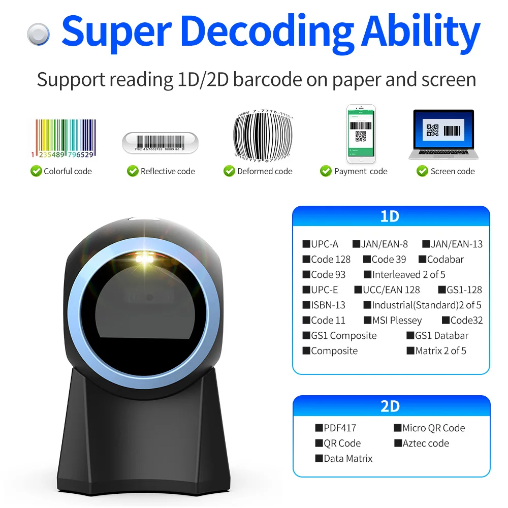 Xincode Bluetooth Scanner Wireless Desktop 2D Barcode Scanner USB QR Bar Code Reader Scanning for Inventory Clothing Supermarket