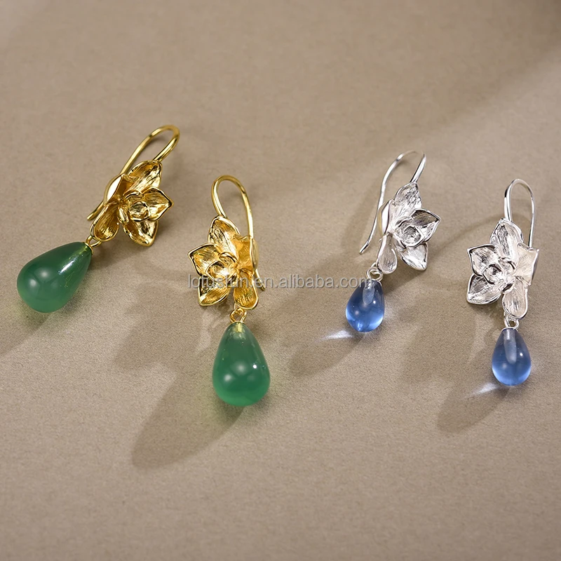 Lotus Fun Handmade 925 Sterling Silver 18k Gold Plated Removable Crystal  Agate Flower Drop Earrings Luxury Jewelry for Women