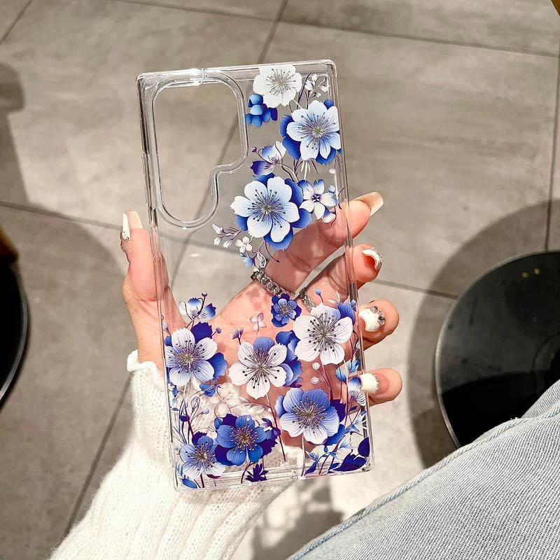 Luxury Flower Pattern Transparent Phone Cases for Samsung S26 S23 S24 S25 Ultra A56 A35 A53 Double Layer Printing Antifall Cover