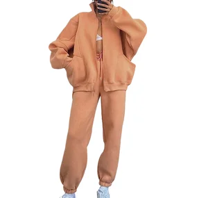 Autumn Winter Solid Color Stand Collar Short Top 2 Piece Set Women Casual Long Sleeve Wide Leg Pant Polyester Eco-Friendly