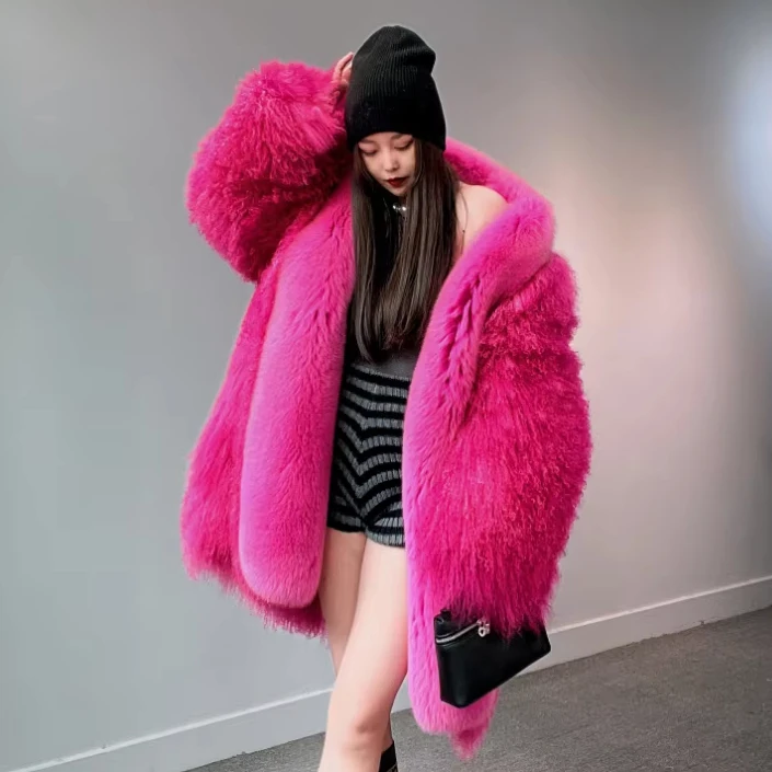 Wholesale Women Pink Real Mongolian Fur Coat Winter Fashion