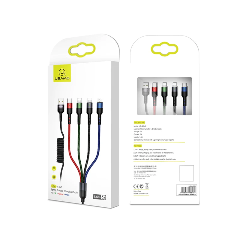 USAMS оптовая продажа US-SJ349 из алюминиевого сплава 2А 4в1 пружинный Плетеный usb-кабель для зарядки 1,5 м