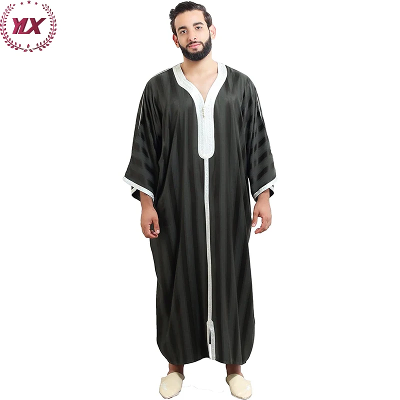 Embroidery Muslim Black V-neck Line Dubai Robe Saudi For Arab Men Thobe ...
