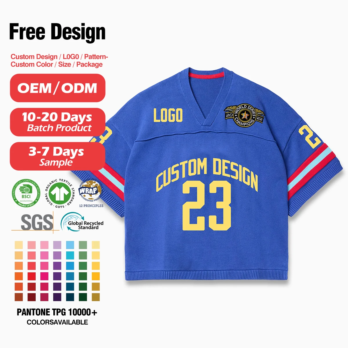 Custom Heavy Cotton V Neck Drop Shoulder Tshirts Long Sleeve Tshirt Knit Sport Football Jersey Sweater T-Shirt Men Knit Jersey