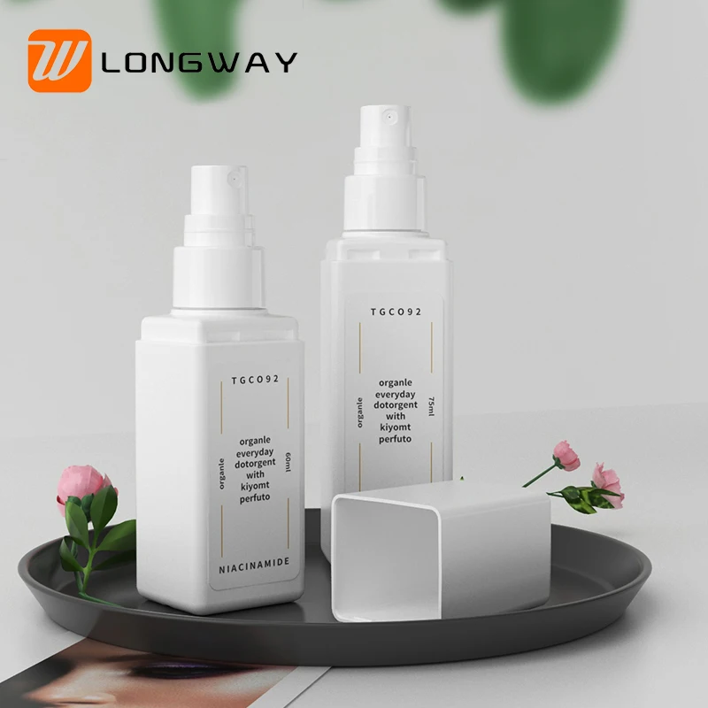 60ml Square Cosmetic Body Sprayer Screen Printing White Cosmetic Jar Screw Cap Plastic Spray Lotion Bottle Cosmetic Packaging PE