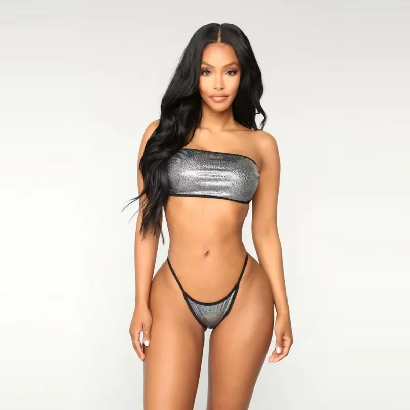 Vendor Silver Triangle Bikini Set Crystal Decor Seamless High Cut Swimsuit Backless XS Casual Beach Style Free Shipping