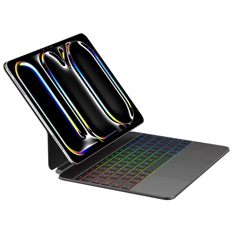 Teclado magnético delgado para iPad con retroiluminación de 7 colores, trackpad completo multitáctil, carcasa de aleación de aluminio y cuero PU, con entrada por voz