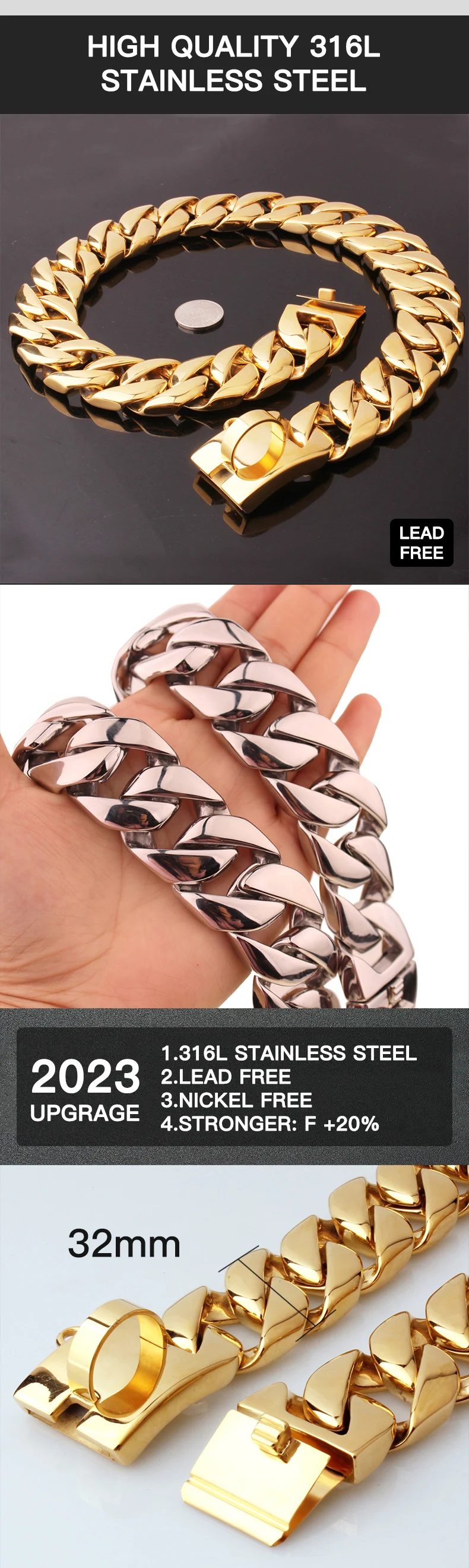 32mm Stainless Steel Chunky Dog Cuban Chain Plated 18k Silver Gold