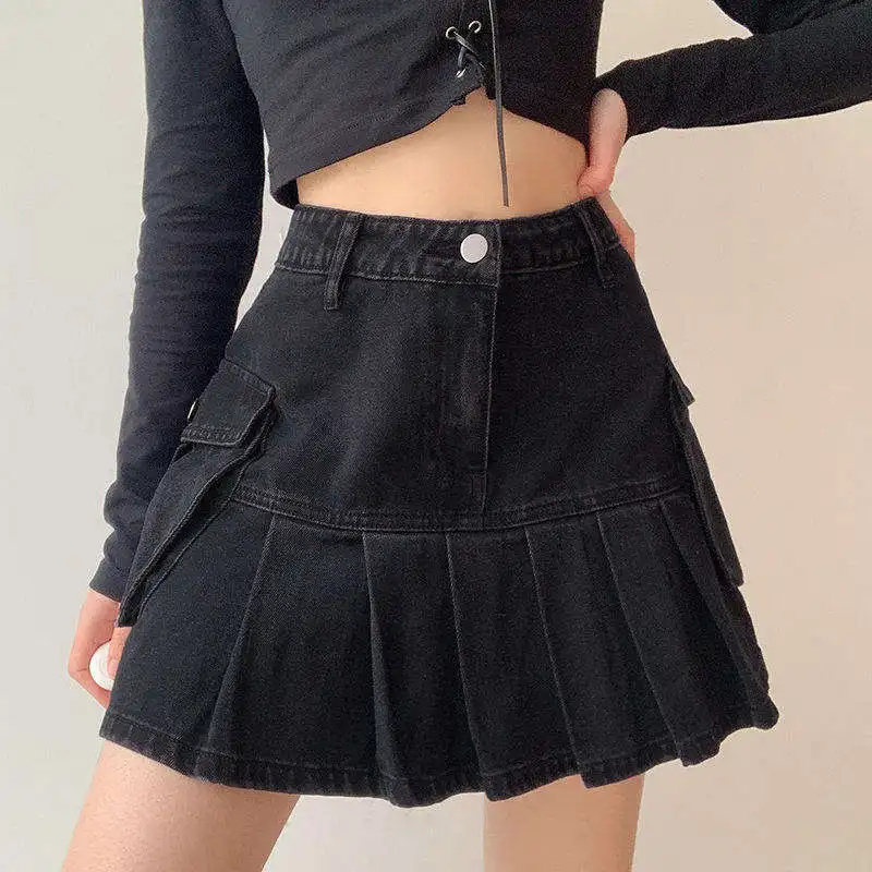 Wholesale Fast Shipping Plus Size Goods Durable Goth Y2K Fashionable Black Denim Pleated Skirt for Women Girls