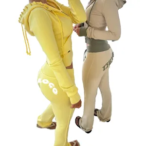 Custom Logo Cotton Knit Y2k Flared Stack Jogging Tracksuits Female Cropped Slim Fit Hoodie Set Skinny Distressed Sweatsuit Women