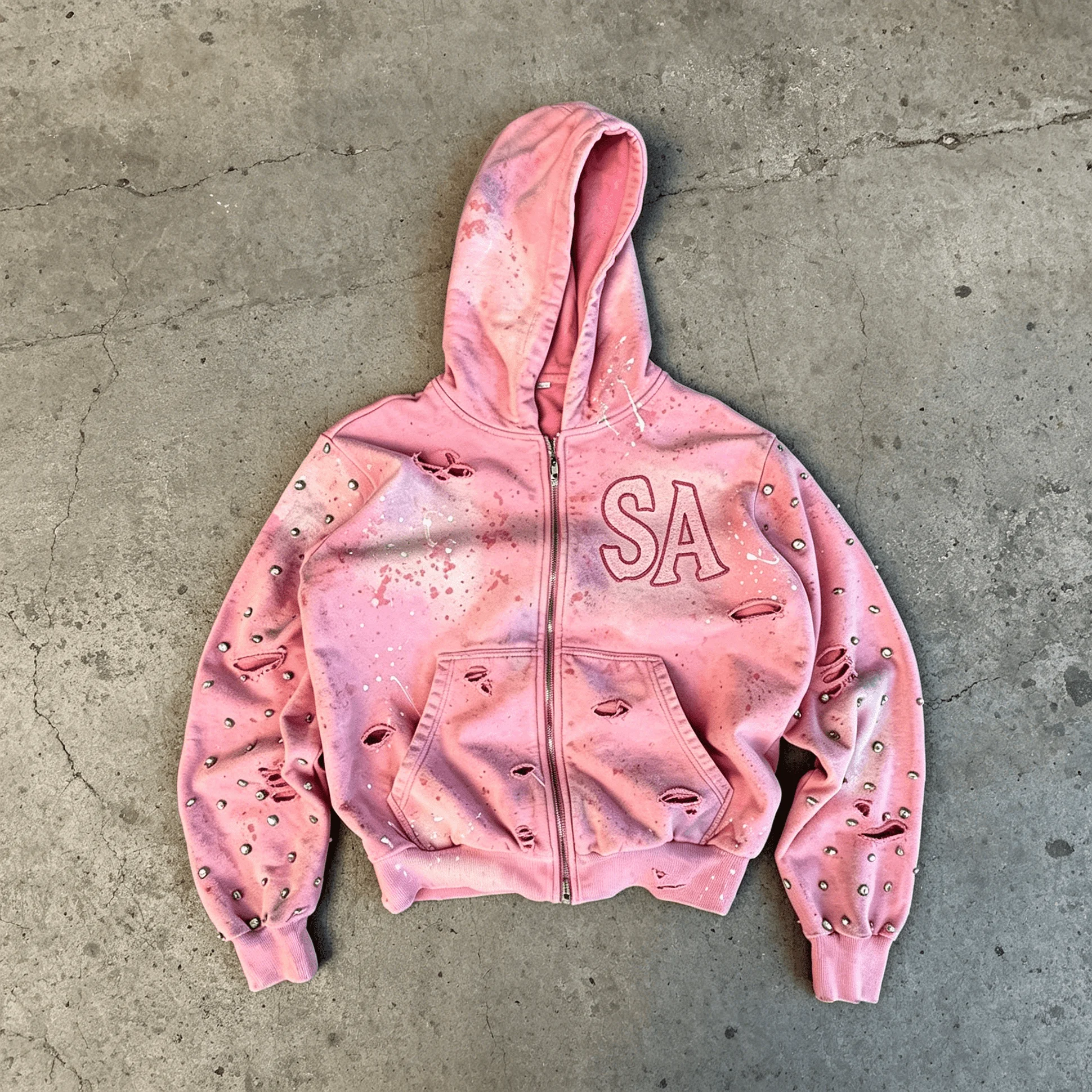 Custom Rhinestone Distressed Faded Gradient Heavyweight Cotton Zip Up Cropped Streetwear Hoodie Men gallery 2