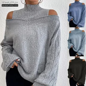 Winter High-End Women's Korean Style Anti-Pilling Nylon/Acrylic Pullover Off-Shoulder Sweater Loose Turtleneck
