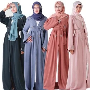 Fashion Muslim Coat Woman Islamic kaftan Kimono Handmade Diamond Muslim Abaya Women Dress Islamic Clothing Turkish