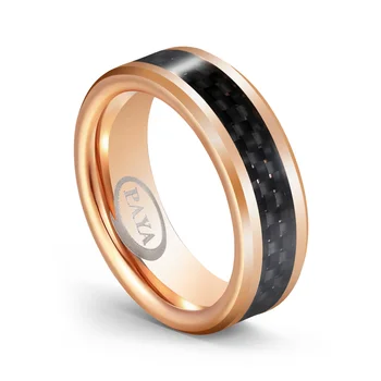 8MM 18K Gold Tungsten Carbide Ring, Tungsten Ring with Black Carbon Fiber Inlay
