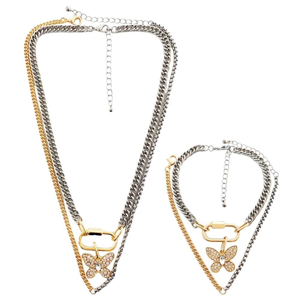 Egyszerű stílusú aranyozott dupla láncos pillangó alakú függő strasszköves Ins autókulcs karikás készlet nőknek új divat meleg esküvőkre