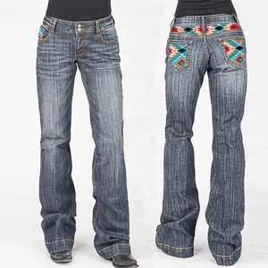 Cowgirl Stretch Bootcut Denim Outfit Super Comfort Tall Denim Bell Bottom Pants Middle Rise Pockets Printed Women Flare Jeans