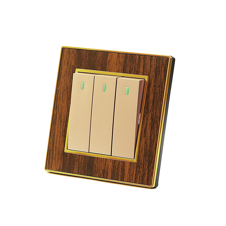 Type 86 UK Standard 3 Gang 1/2 Way Wall Push Button Light Switch Thick Solid Wood Grain Panel Sockets and Switches Electrical