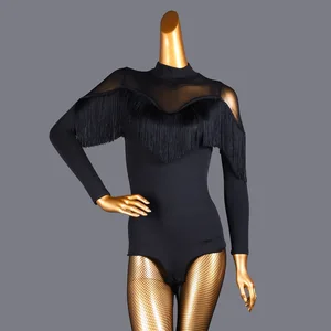 New High-neck Latin Dance Dress Adult Women Cha-cha Long Sleeves Modern Black Training Costume Ballet Dancing Dress